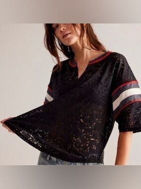 We The Free - Gaming Tee : Sheer Black Short-Sleeve Top with Striped Trim $88